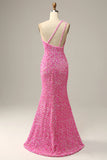 Fuchsia Sequined One Shoulder Mermaid Long Prom Dress With Slit