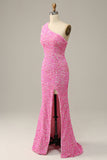 Fuchsia Sequined One Shoulder Mermaid Long Prom Dress With Slit