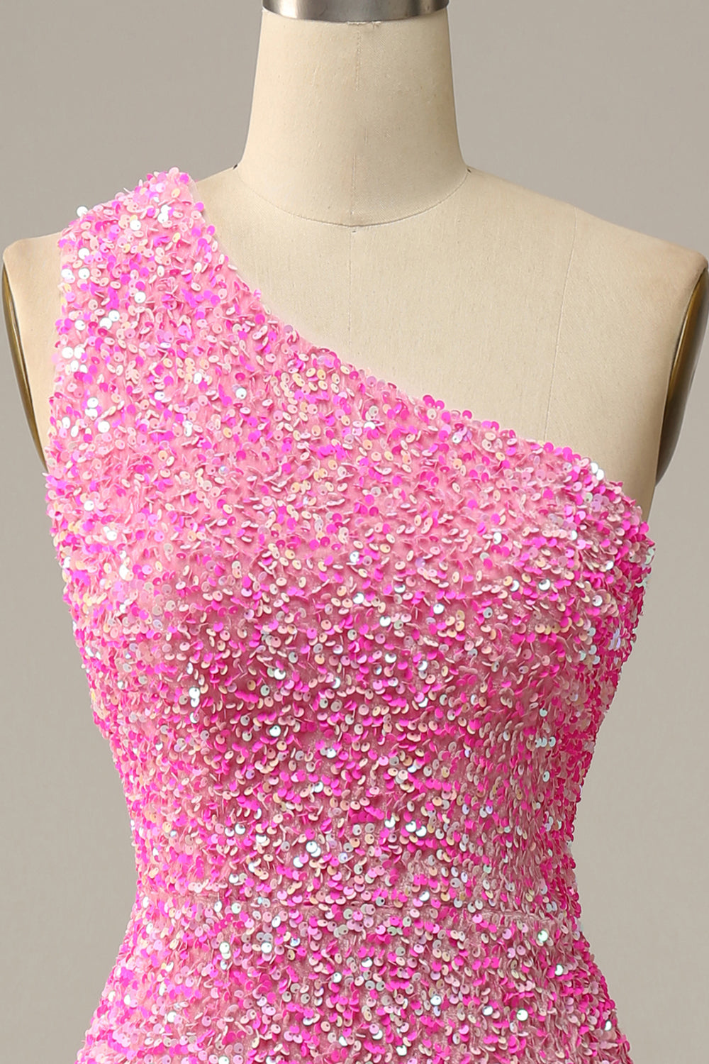 Fuchsia Sequined One Shoulder Mermaid Long Prom Dress With Slit