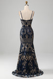 Navy Mermaid Spaghetti Straps Sparkly Sequin Prom Dress