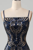 Navy Mermaid Spaghetti Straps Sparkly Sequin Prom Dress
