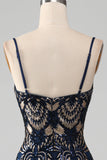Navy Mermaid Spaghetti Straps Sparkly Sequin Prom Dress