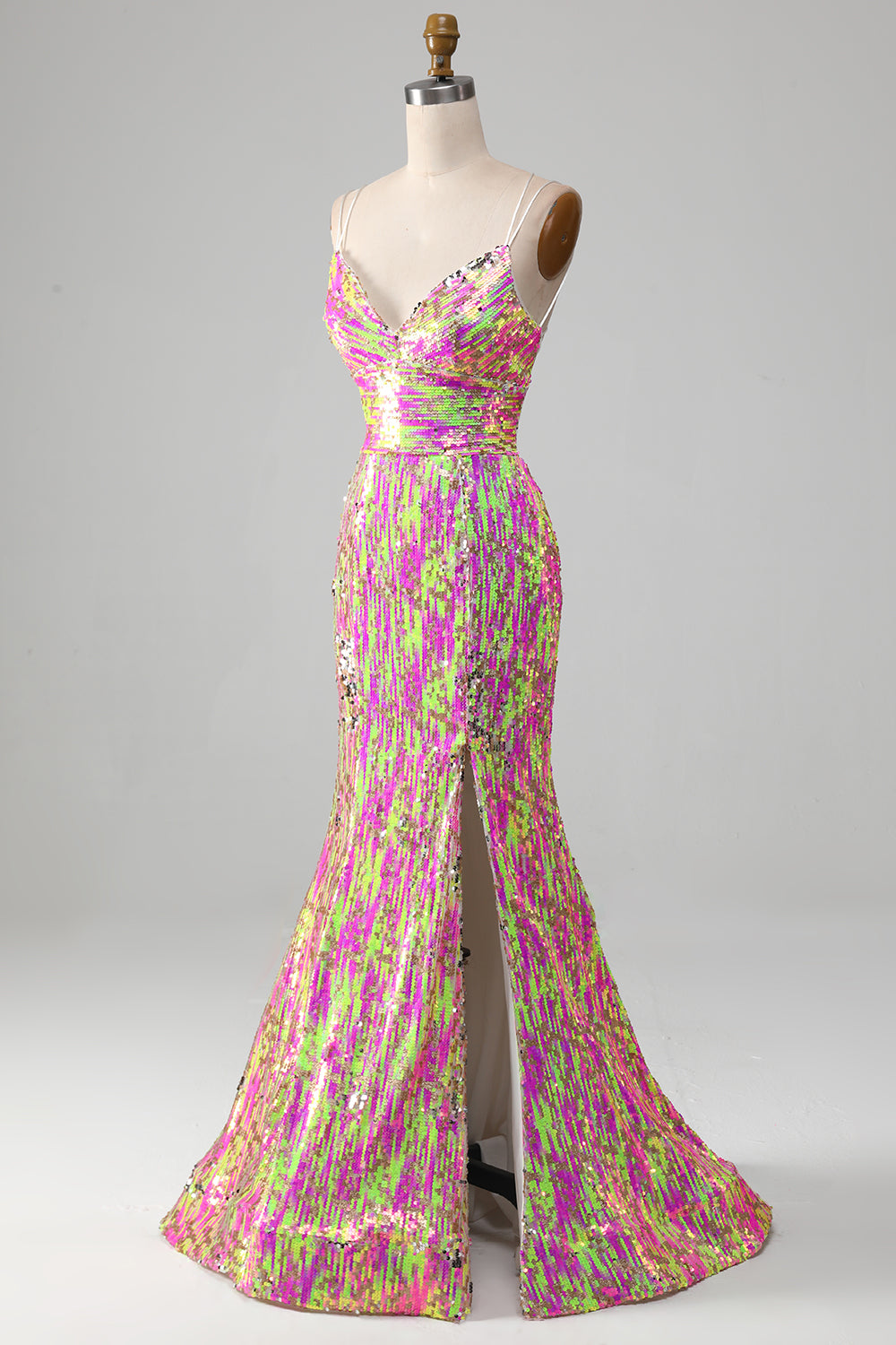 Fuchsia Mermaid Spaghetti Straps Sparkly Sequin Prom Dress with Slit
