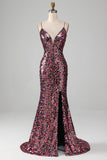 Purple Mermaid Spaghetti Straps Sparkly Sequin Long Prom Dress with Slit