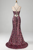 Purple Mermaid Spaghetti Straps Sparkly Sequin Long Prom Dress with Slit