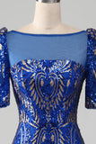 Royal Blue Mermaid Sparkly Sequin Long Prom Dress with Short Sleeves