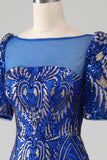 Royal Blue Mermaid Sparkly Sequin Long Prom Dress with Short Sleeves
