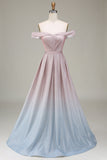 Sparkly Gradient Grey Pink A-Line Off the Shoulder Pleated Prom Dress