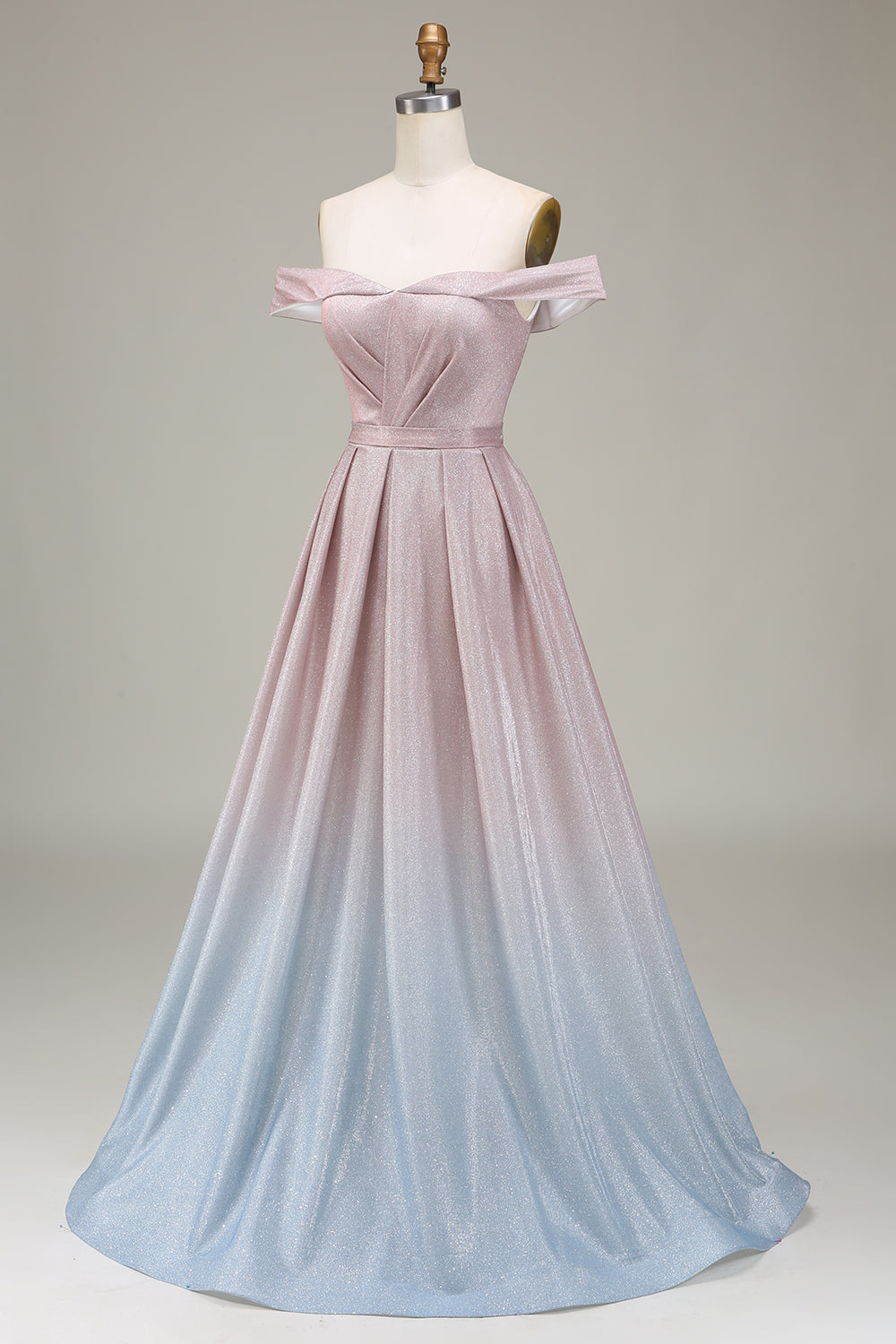 Sparkly Gradient Grey Pink A-Line Off the Shoulder Pleated Prom Dress