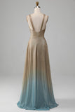 Sparkly Gradient Gold A-Line V-Neck Prom Dress with Slit