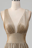 Sparkly Gradient Gold A-Line V-Neck Prom Dress with Slit