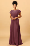 A Line Bateau Neck Ruched Long Chiffon Bridesmaid Dress with Ruffles