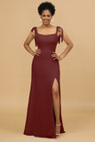 Sheath Spaghetti Straps Long Chiffon Bridesmaid Dress with Slit