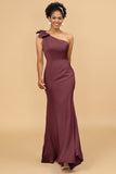 Mermaid One Shoulder Satin Long Bridesmaid Dress With Bowknot