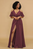 A Line Halter Cold Shoulder Chiffon Bridesmaid Dress with Slit