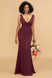 Mermaid V-neck Open Back Long Chiffon Bridesmaid Dress With Ruffles