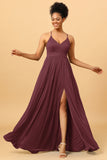 A Line Spaghetti Straps Ruched Chiffon Long Bridesmaid Dress with Slit