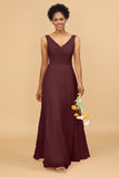 A Line V Neck Backless Chiffon Long Bridesmaid Dress