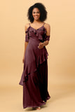 A Line Spaghetti Straps Long Chiffon Bridesmaid Dress with Ruffles