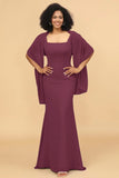 Mermaid Square Neck Long Chiffon Bridesmaid Dress with Cape