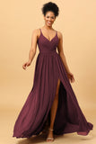 A-Line Spaghetti Straps Ruched Long Chiffon Bridesmaid Dress with Slit