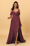 A Line V Neck Cold Shoulder Chiffon Bridesmaid Dress with Slit