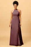 Sheath Halter Floor Length Open Back Chiffon Bridesmaid Dress with Slit