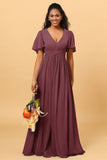 A Line V Neck Short Sleeves Chiffon Long Bridesmaid Dress