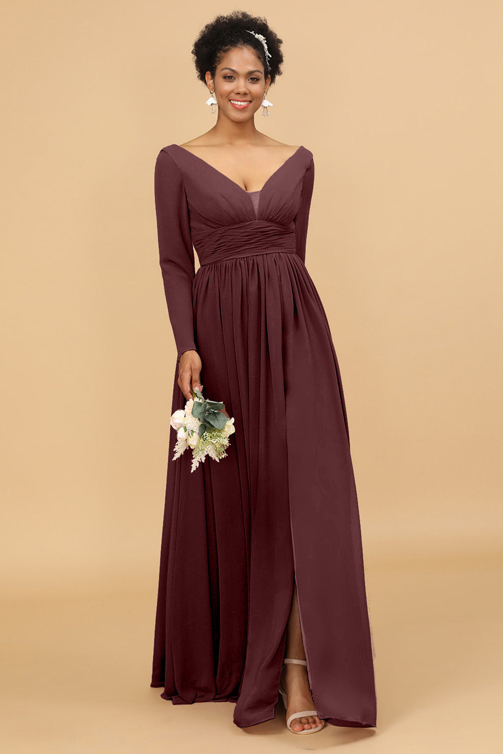 long sleeve chiffon bridesmaid dress with slit Chic V-Neck Long Sleeves Slit Chiffon Bridesmaid Dresses With Pockets mollyevers.com