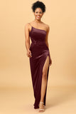 Mermaid One Shoulder Long Velvet Bridesmaid Dress with Slit