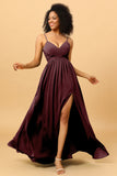 A Line Spaghetti Straps Ruched Long Chiffon Bridesmaid Dress with Slit