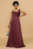 A Line Asymmetrical Neck Satin Floor Length Bridesmaid Dress