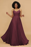 A Line Spaghetti Straps Chiffon Long Bridesmaid Dress