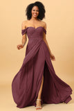 A Line Off the Shoulder Ruched Chiffon Bridesmaid Dress with Slit