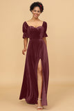 A Line Sweetheart Flare Sleeves Velvet Bridesmaid Dress with Slit