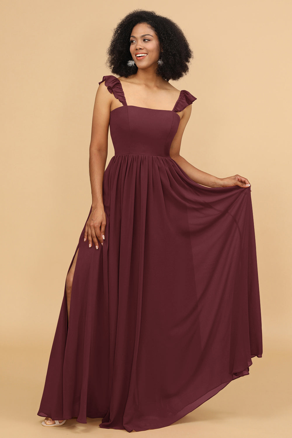 A-Line Floor Length Chiffon Bridesmaid Dress With Ruffles, Cabernet