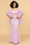 Mermaid Square Neck Long Chiffon Bridesmaid Dress with Cape