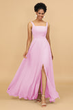 Sheath Square Neck Floor Length Chiffon Bridesmaid Dress