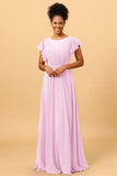 A Line Bateau Neck Ruched Long Chiffon Bridesmaid Dress with Ruffles