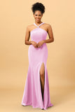 Mermaid Halter Long Chiffon Bridesmaid Dress with Slit