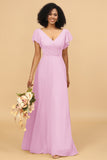 V-Neck Cape Long Floor Length Chiffon Bridesmaid Dress