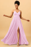 A Line Spaghetti Straps Ruched Chiffon Long Bridesmaid Dress with Slit