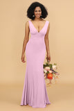 Mermaid V-neck Open Back Long Chiffon Bridesmaid Dress With Ruffles