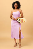 Sheath Spaghetti Straps Midi Chiffon Bridesmaid Dress with Slit