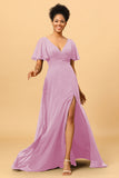 A Line V-Neck Long Chiffon Bridesmaid Dress with Slit