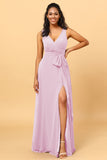 A Line V Neck Sleeveless Long Chiffon Bridesmaid Dress with Slit