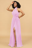 A Line Halter Ruched Floor Length Chiffon Bridesmaid Dress with Slit