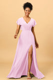 A Line V-Neck Ruched Chiffon Bridesmaid Dress with Slit