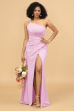 Mermaid One Shoulder Satin Long Bridesmaid Dress with Slit