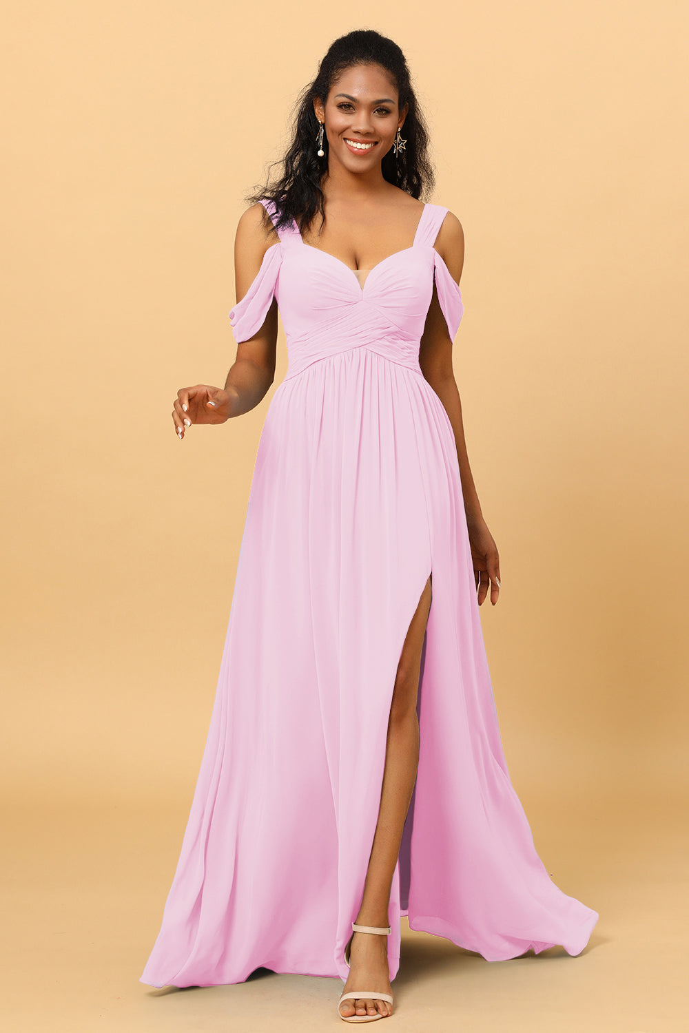 long sleeve cold shoulder chiffon bridesmaid dress B223059 Off the Shoulder Poly Chiffon Bridesmaid Dress with Long Sleeves